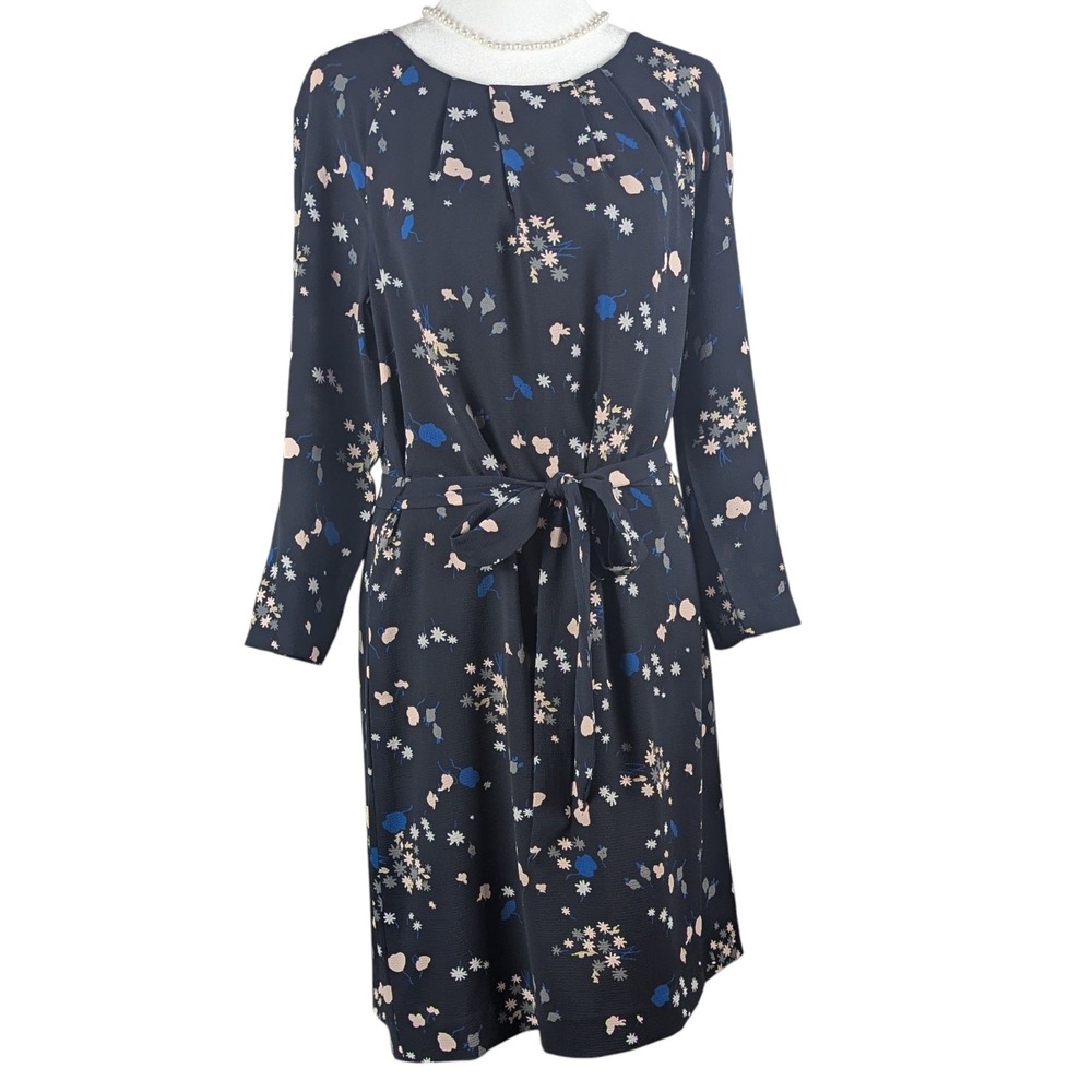 Ann Taylor Floral Dress Size Medium Navy Belted Shift Lightweight Elegant Career